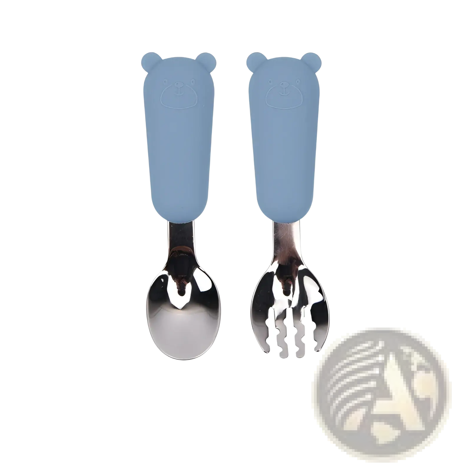 Blue silicone bear-shaped handles on a stainless steel spoon and fork set in a silicone baby cutlery set