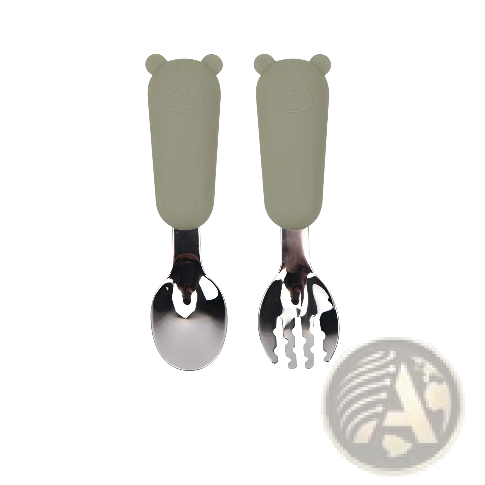 Set of two olive green silicone bear-handled stainless steel baby spoon and fork cutlery utensils