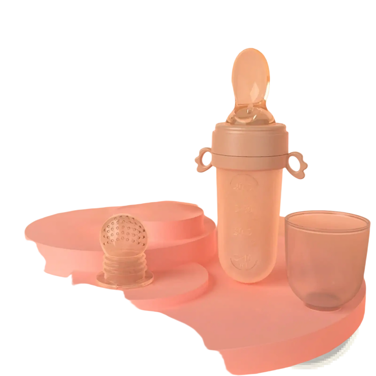 Transparent silicone baby squeeze feeding bottle with a soft rounded handle and clear dome-shaped feeding tip