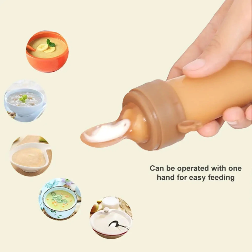 A beige silicone baby squeeze feeding bottle with a soft rounded spout and ergonomic grip for easy feeding