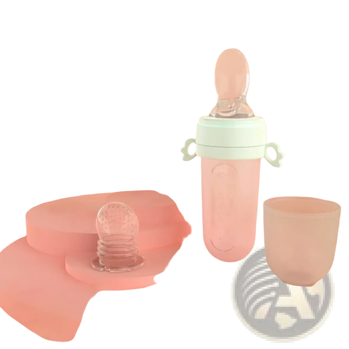 Pastel pink silicone baby squeeze feeding bottle with mint green accents and clear spoon attachment for easy feeding