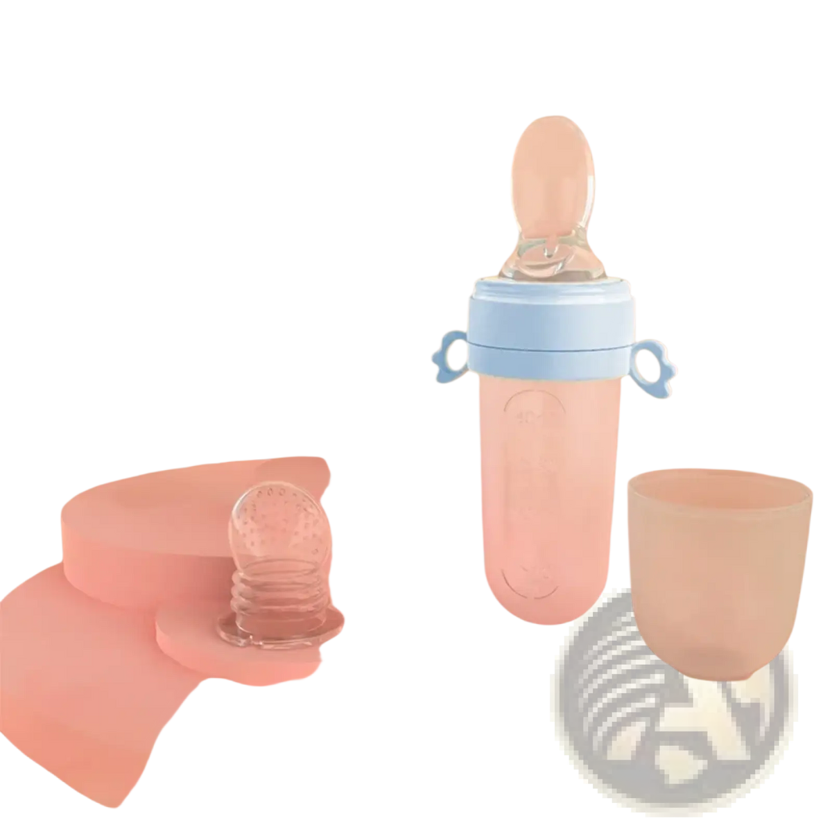 Pink silicone baby squeeze feeding bottle with light blue lid and handles designed for spoon feeder use