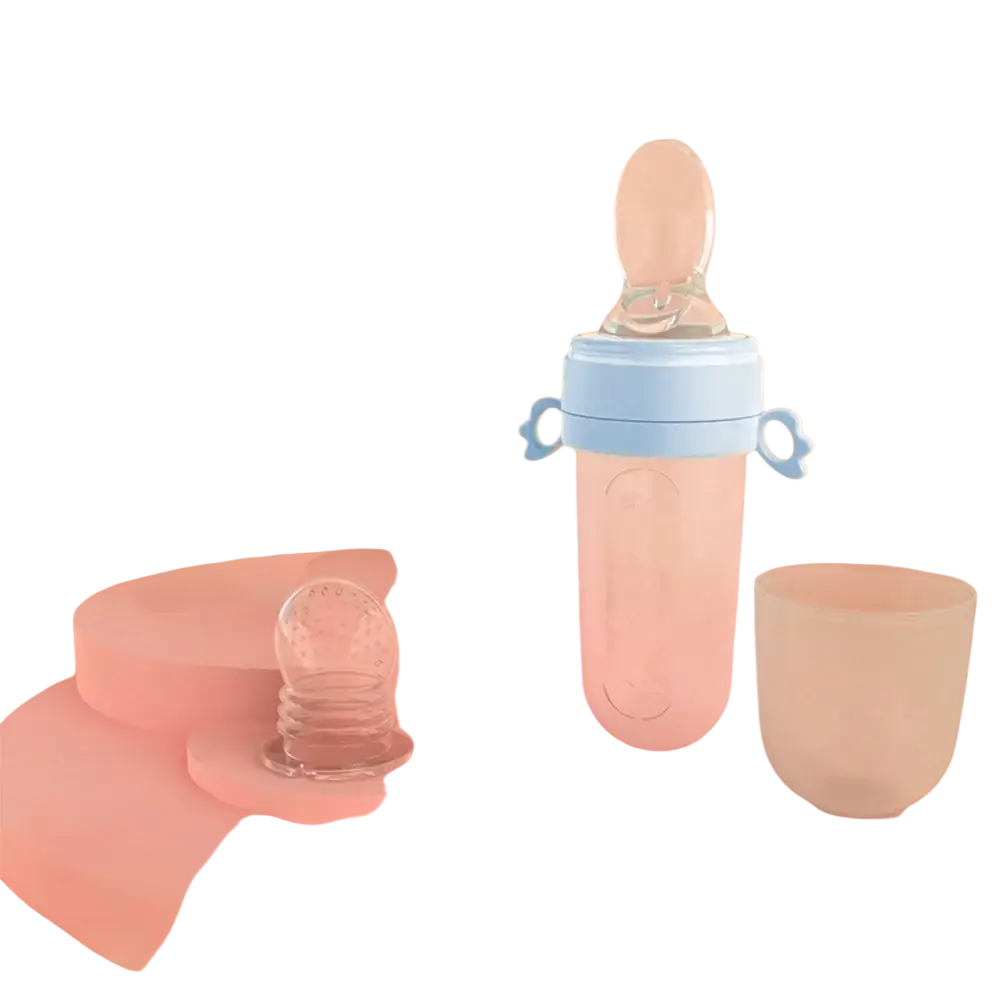 Pink silicone baby squeeze feeding bottle with light blue lid and handles designed for spoon feeder use