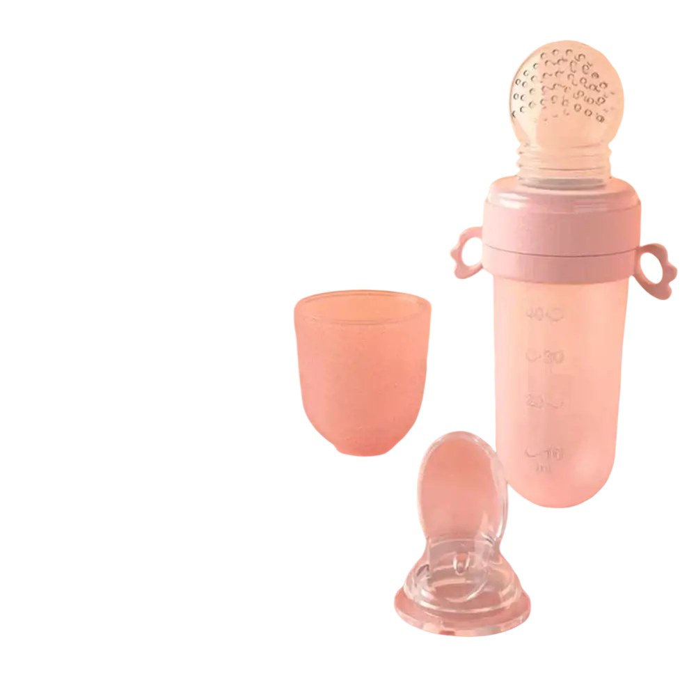 Pink silicone baby squeeze feeding bottle with clear dotted teething ball and matching handles for easy grip