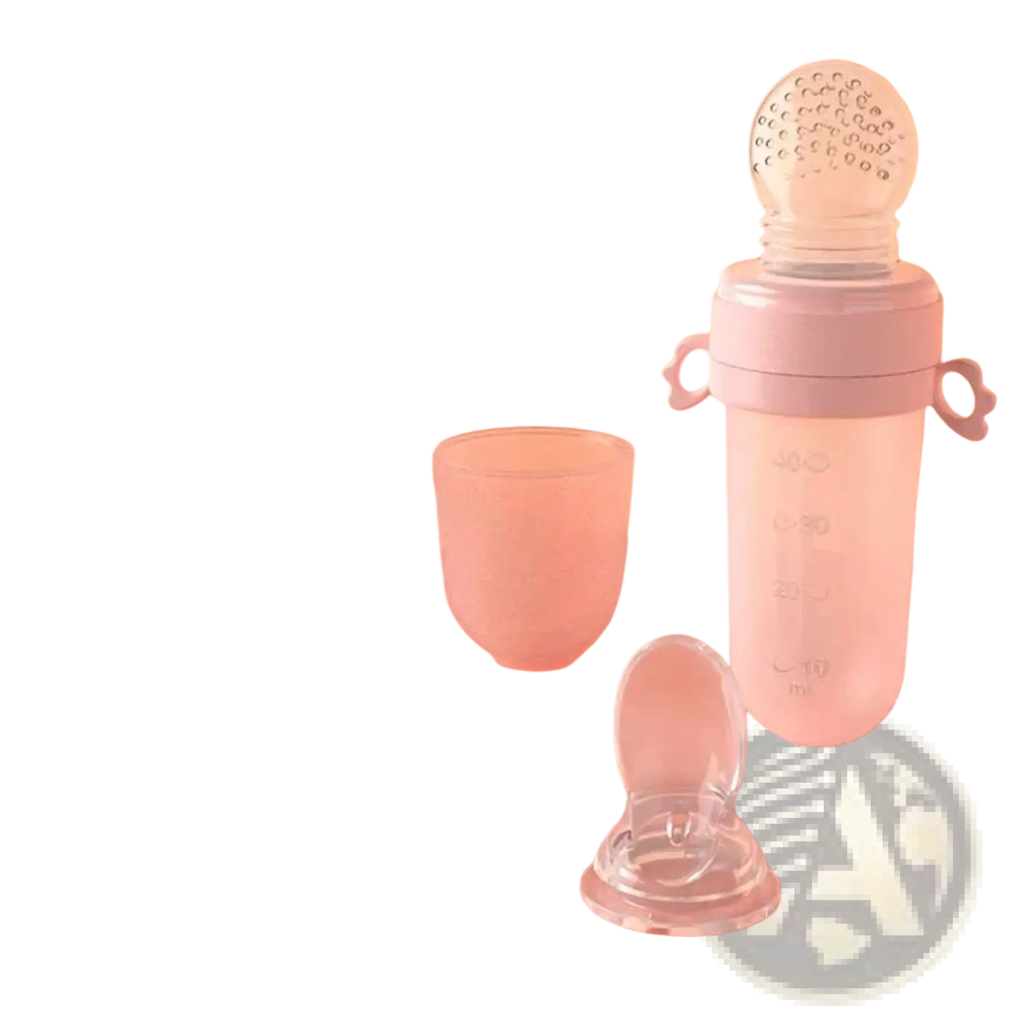 Pink silicone baby squeeze feeding bottle with clear dotted teething ball and matching handles for easy grip