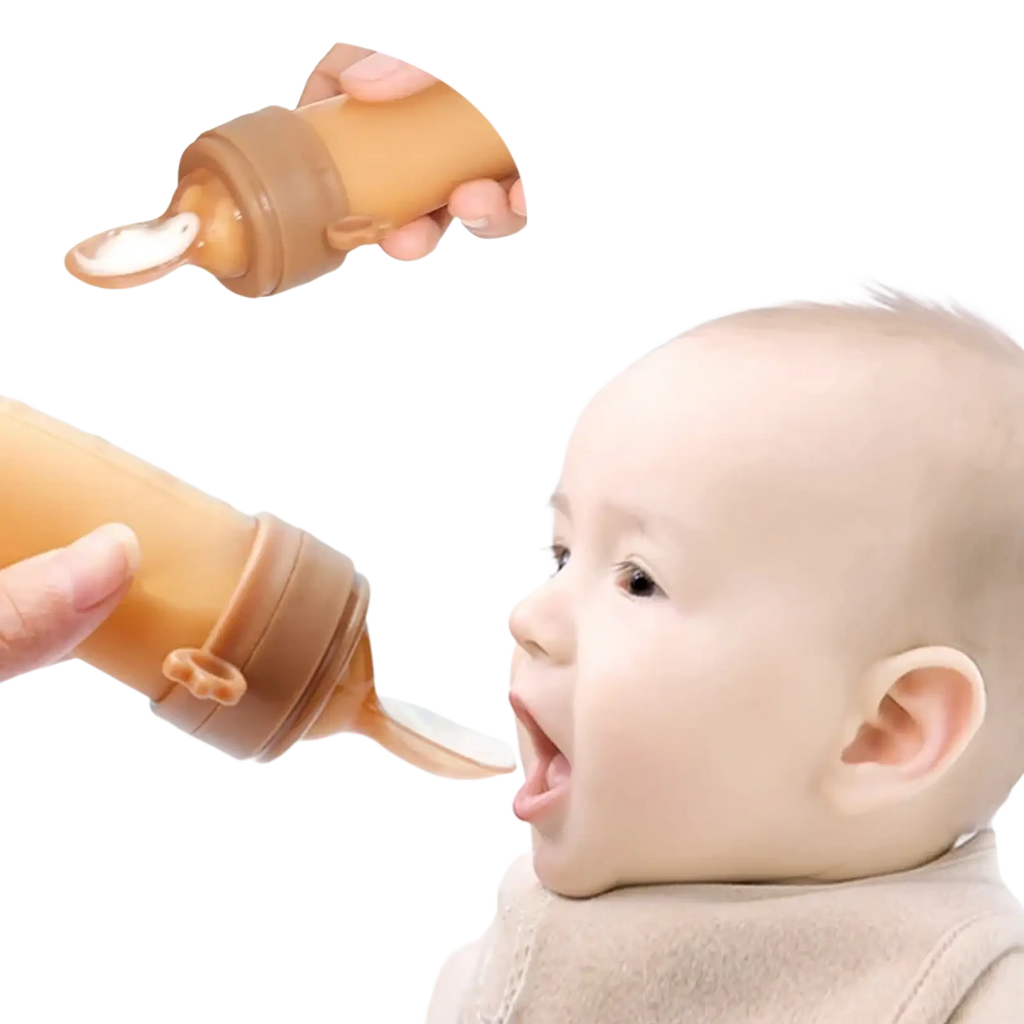Tan silicone baby squeeze feeding bottle with spoon-like spout and ergonomic grip for easy feeding