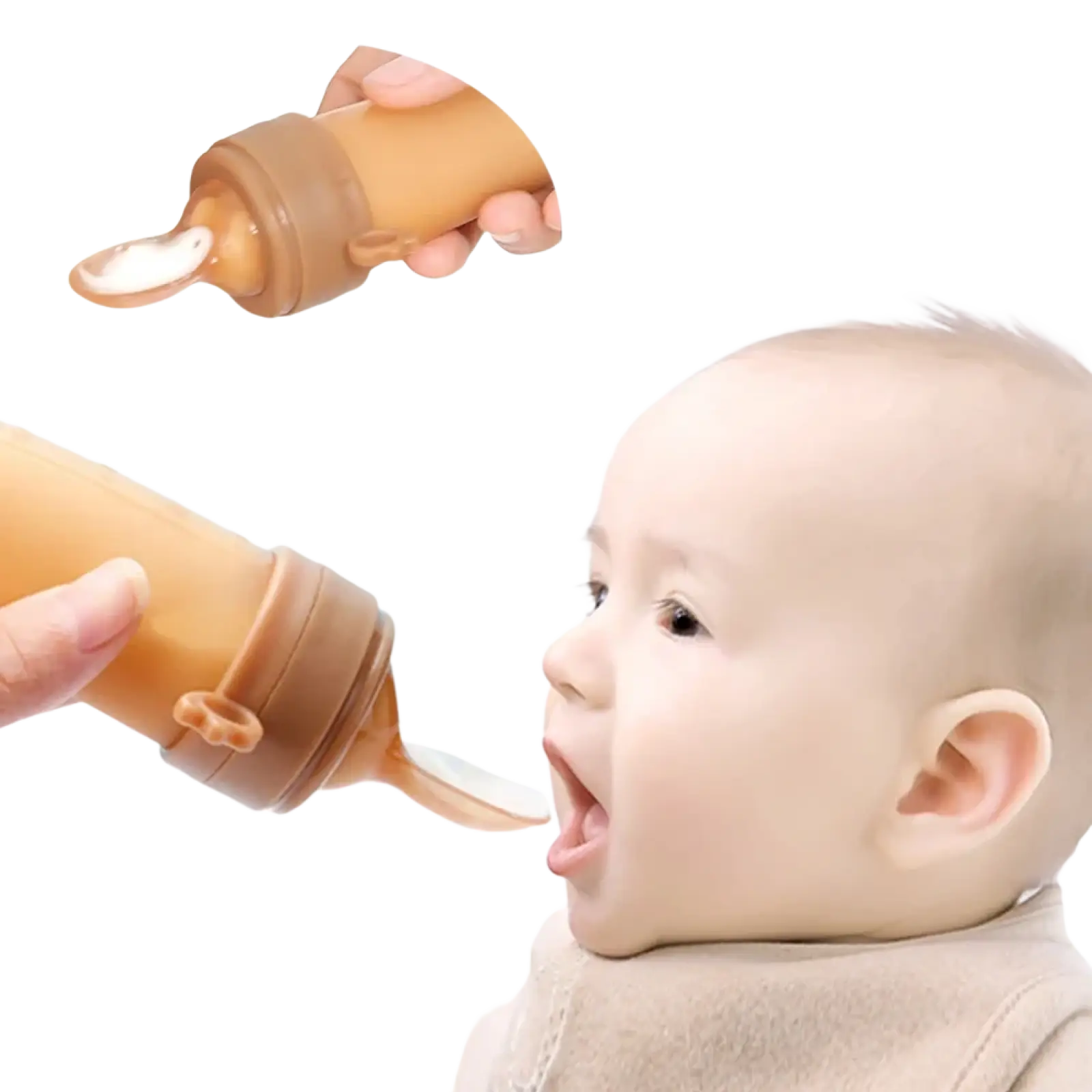 Tan silicone baby squeeze feeding bottle with spoon-like spout and ergonomic grip for easy feeding