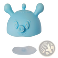 Light blue silicone baby teether shaped like a cartoon pig with rounded ears and friendly facial features for soothing gums