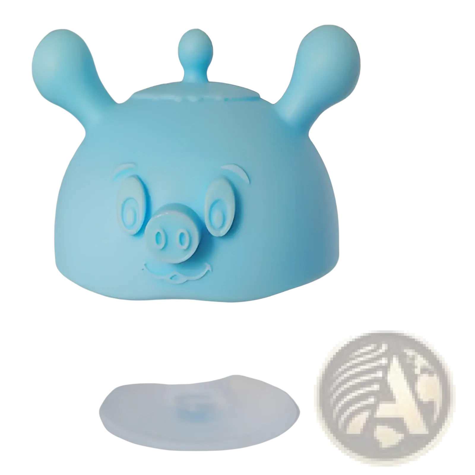 Light blue silicone baby teether shaped like a cartoon pig with rounded ears and friendly facial features for soothing gums