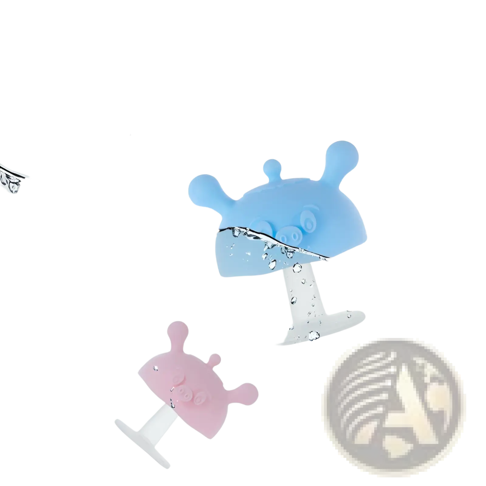 Silicone baby teether and pig shape toothbrush holder in blue and pink with rounded monster-like shapes made of silicone