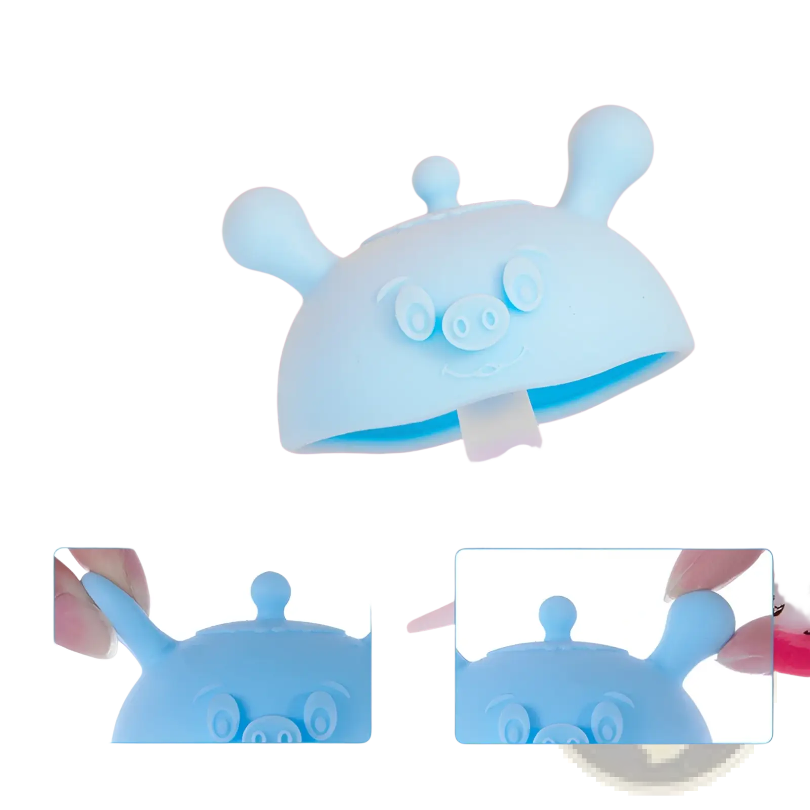 Light blue silicone baby teether shaped like a pig with three antennae serving as an ice pop mold and toothbrush holder