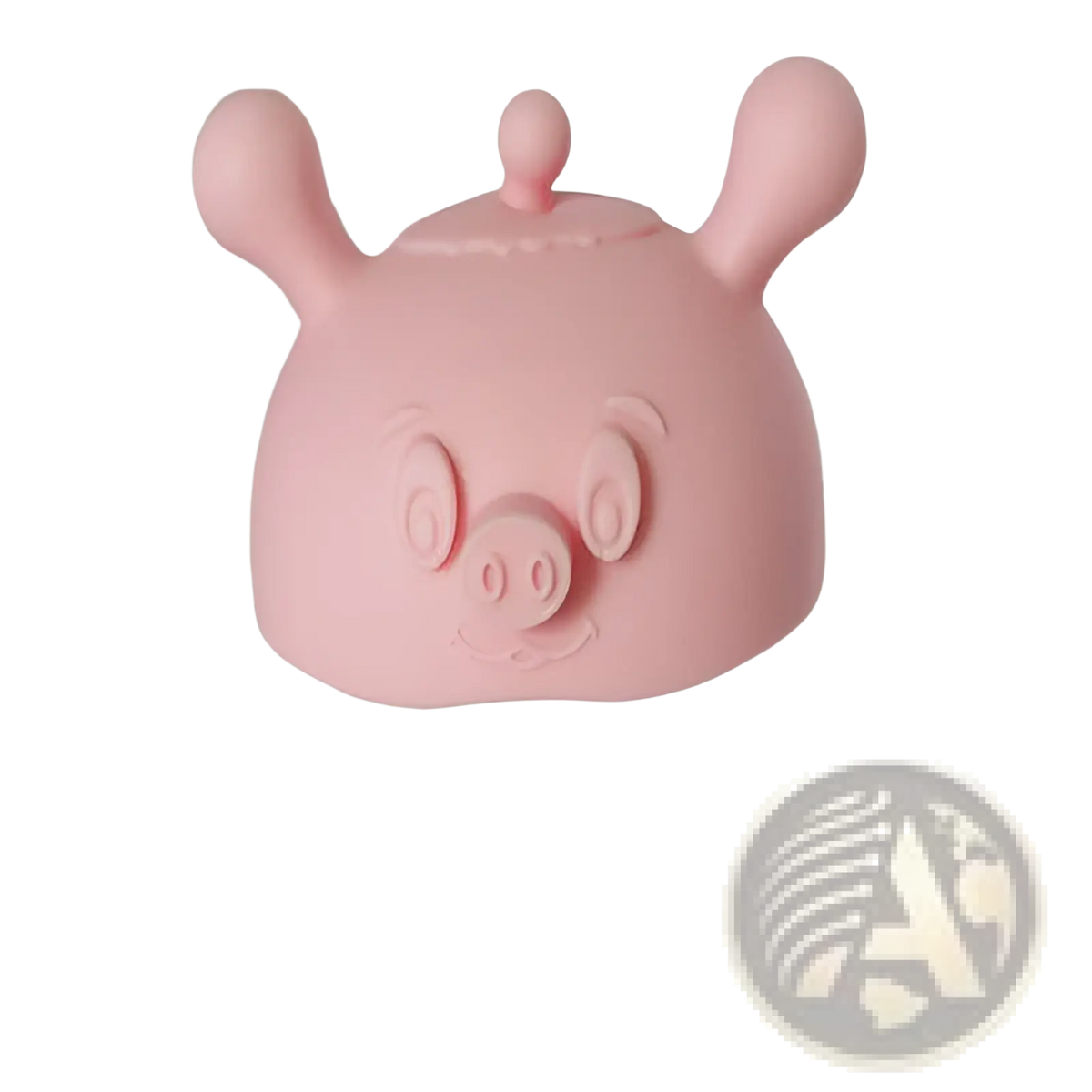 Pink silicone pig-shaped baby teether and toothbrush holder with rounded ears and a smiling face for infants
