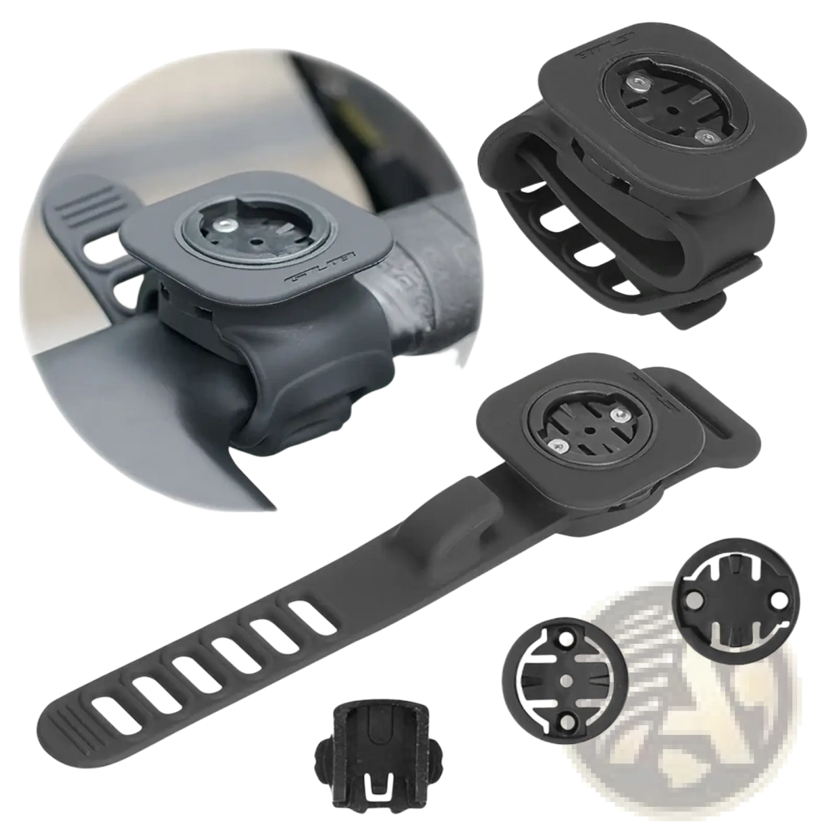 Black silicone bicycle computer mount strap with adjustable strap and multiple adapters for handlebar stand use