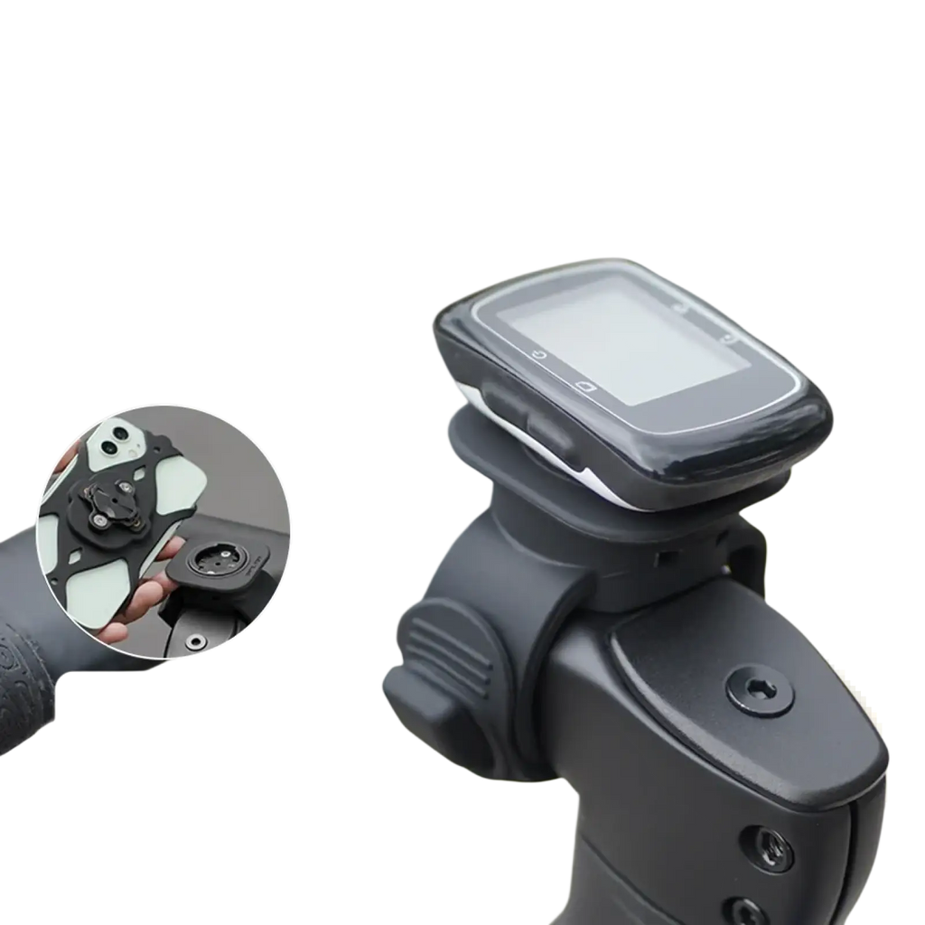 Black plastic bicycle computer mount with adjustable clamp and quick-release mechanism for handlebar attachment