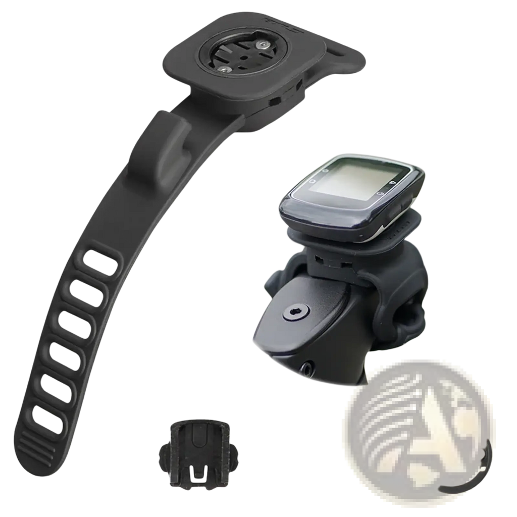Black plastic silicone bicycle computer mount strap with adjustable handlebar stand and multiple mounting plates visible