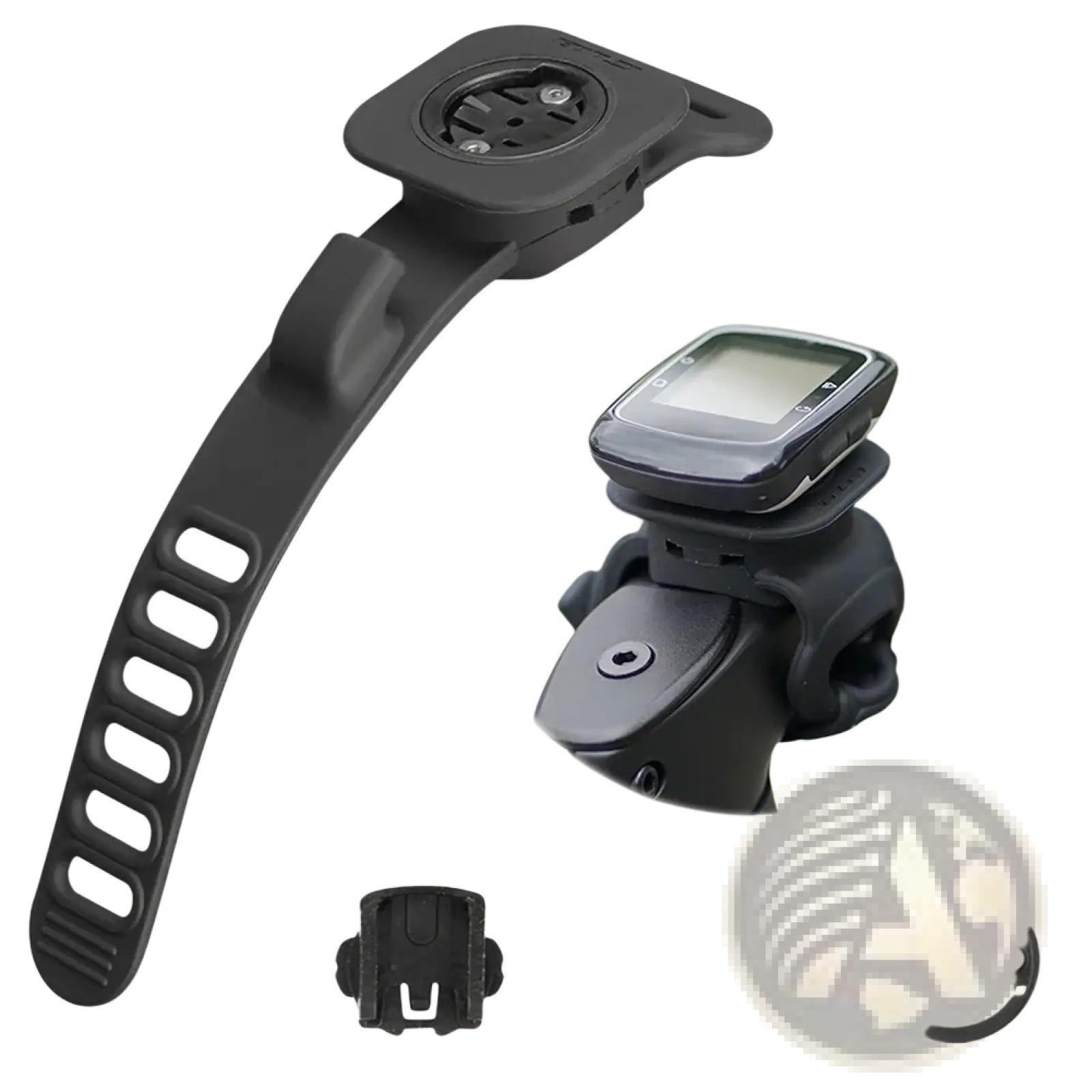 Black plastic silicone bicycle computer mount strap with adjustable handlebar stand and multiple mounting plates visible