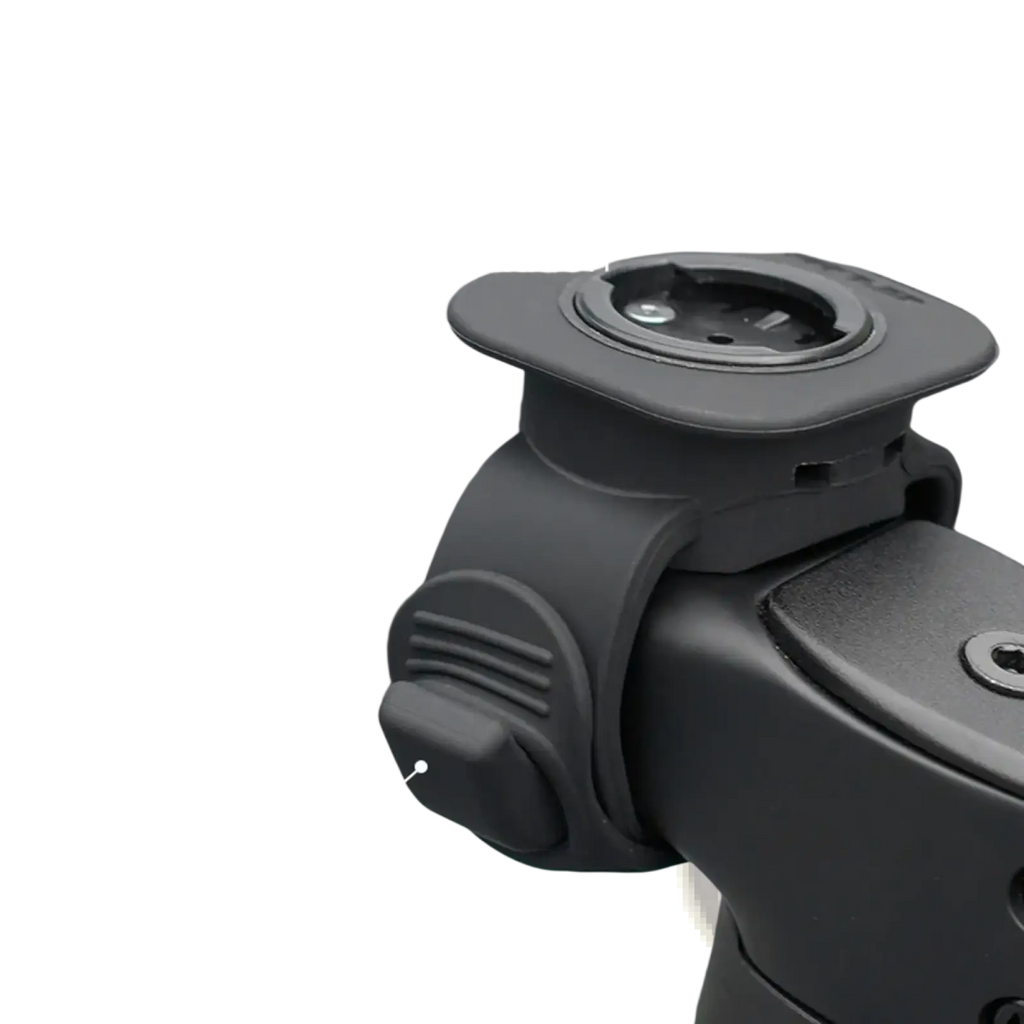 Black plastic silicone bicycle computer mount strap with multi-position adjustment and snap-on handlebar design