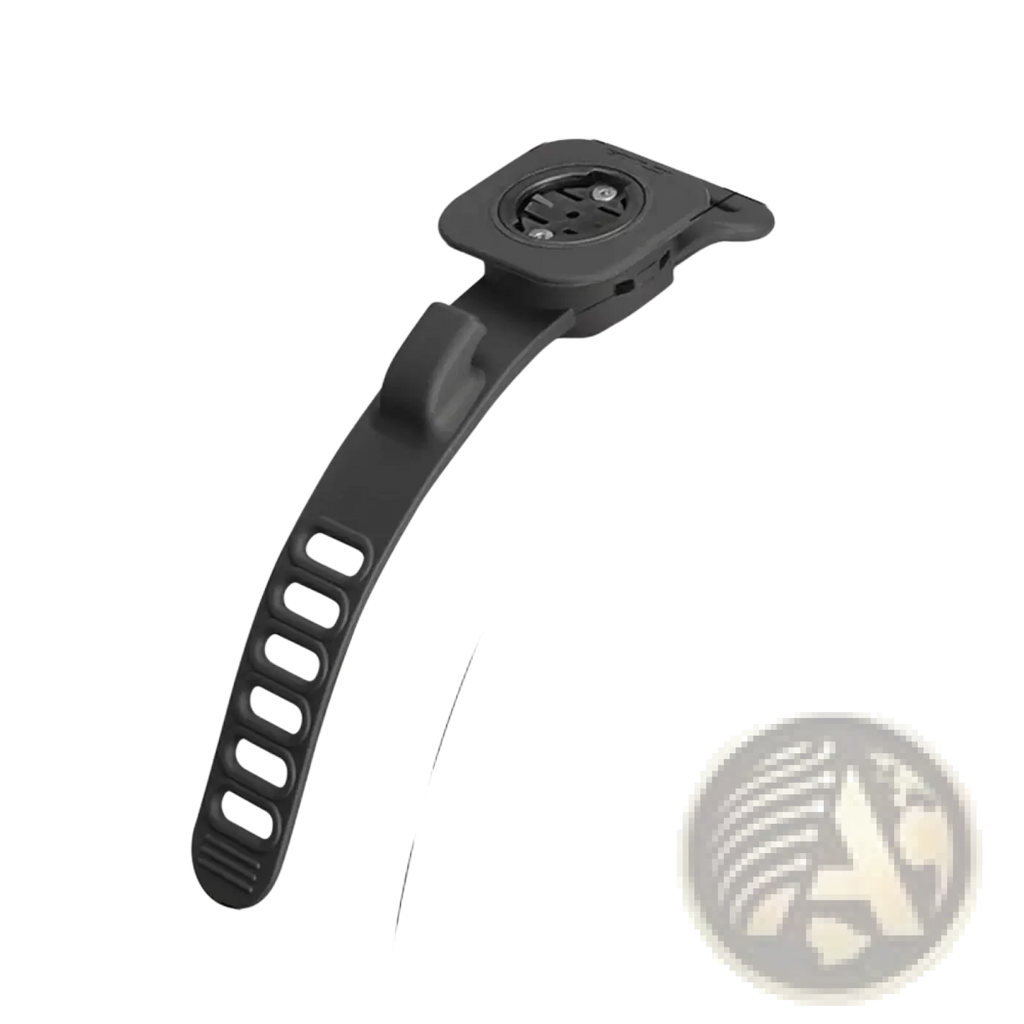 Black plastic silicone bicycle computer mount strap with curved adjustable cutout strap for handlebar stand use