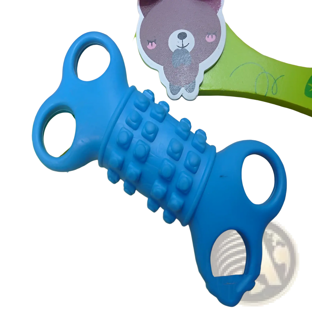 Blue silicone bone dog chew toy with textured raised bumps and looped handles for durable pet play