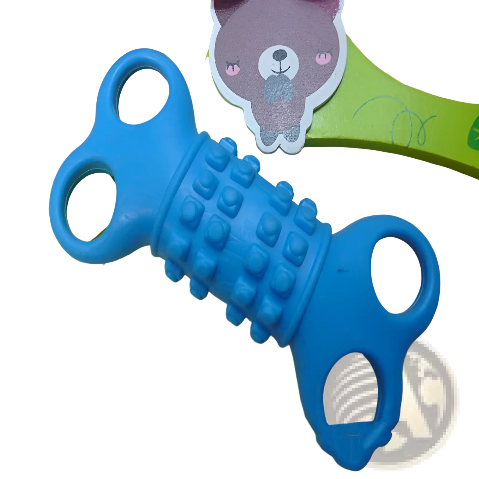 Blue silicone bone dog chew toy with textured raised bumps and looped handles for durable pet play
