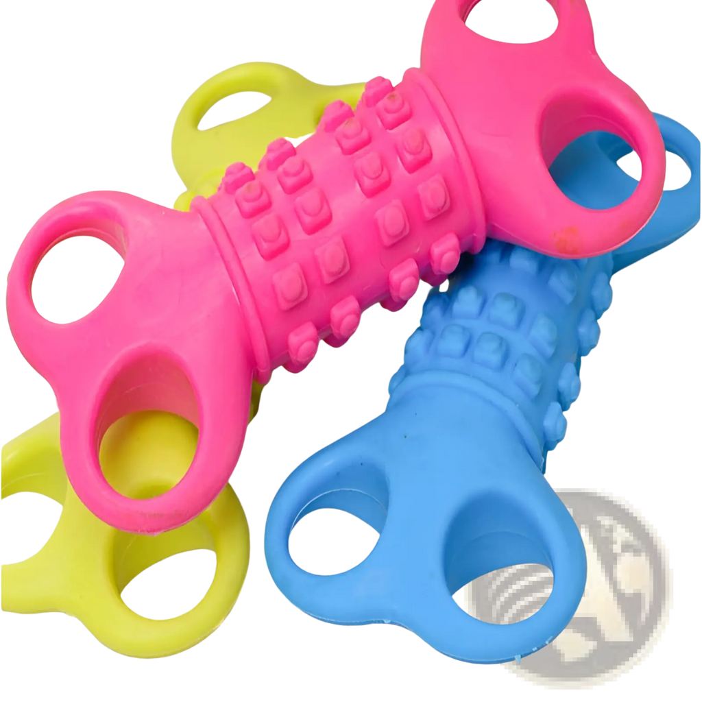 Brightly colored silicone bone dog chew toys with textured handles and looped grips for durable pet chewing