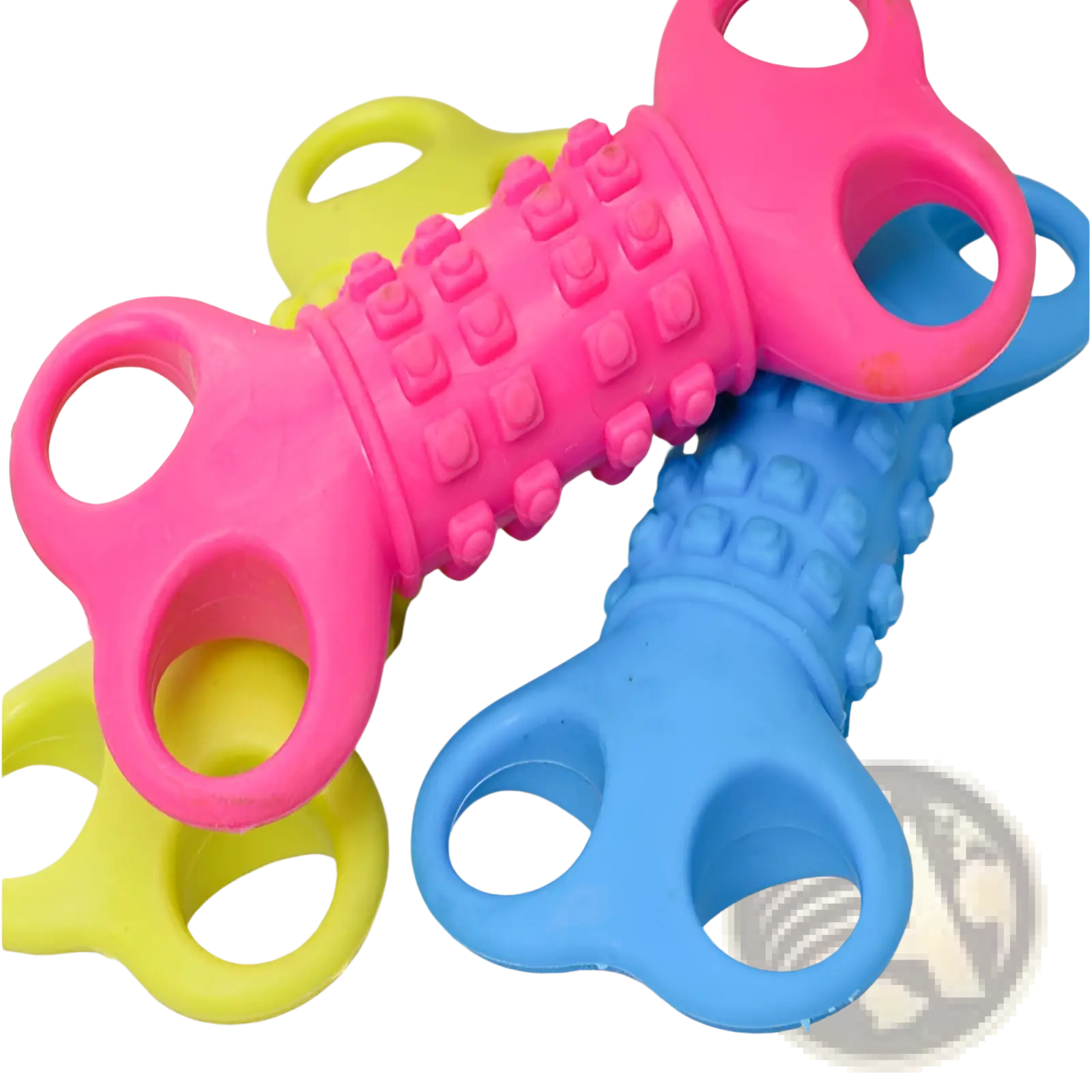 Brightly colored silicone bone dog chew toys with textured handles and looped grips for durable pet chewing
