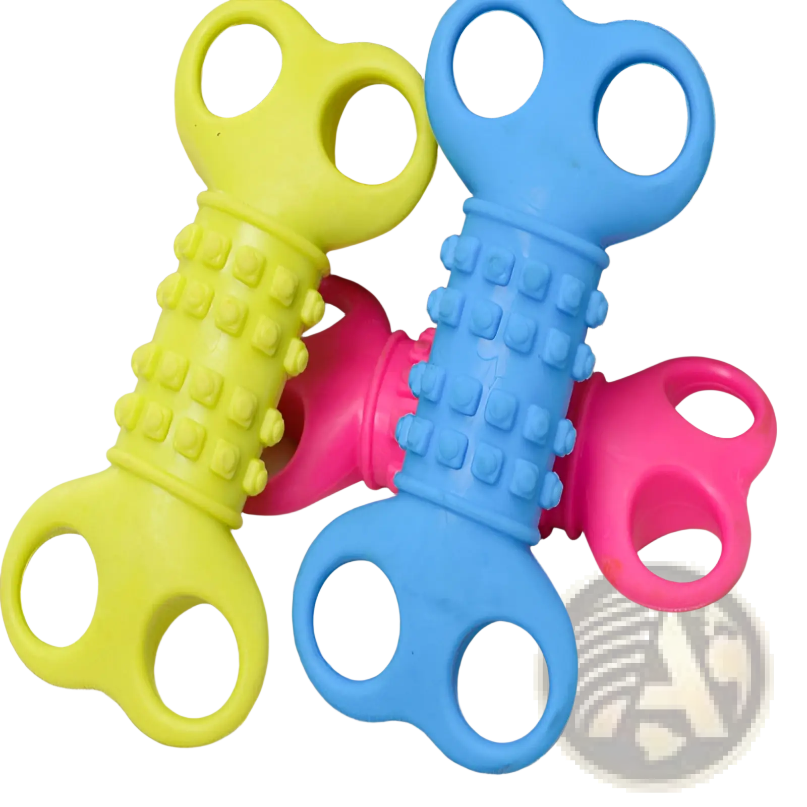 Silicone bone dog chew toys in lime green and blue textured plastic with key-shaped handles for chewing and play