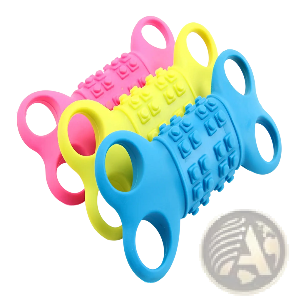 Silicone bone dog chew toys with textured handles in bright pink yellow and blue durable silicone material
