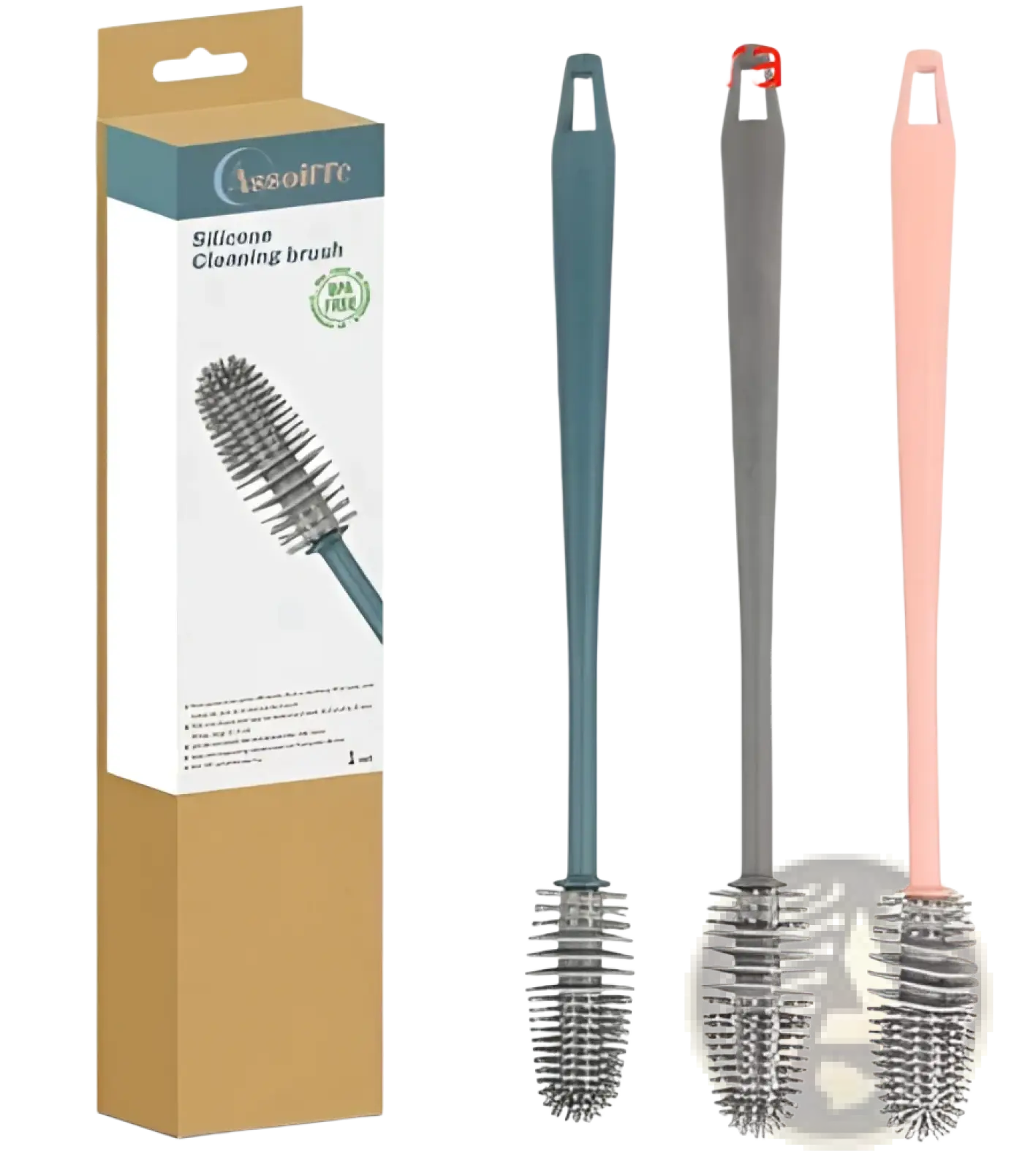 Silicone bottle brush set 3 pack in teal gray and peach with flexible bristles for bottle and cup cleaning