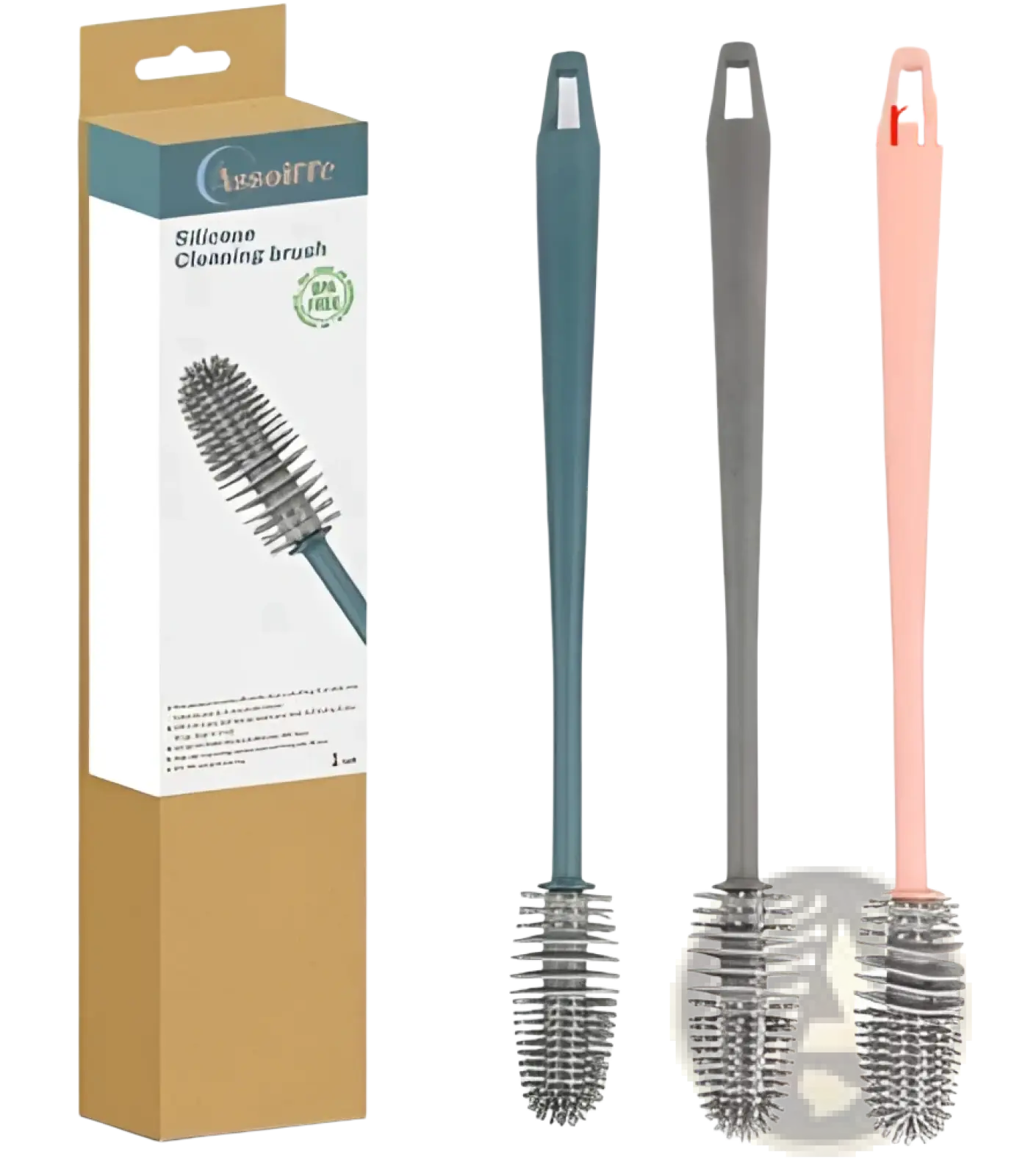 Pink silicone bottle brush with long handle and bristle head for cup cleaning from silicone bottle brush set 3 pack