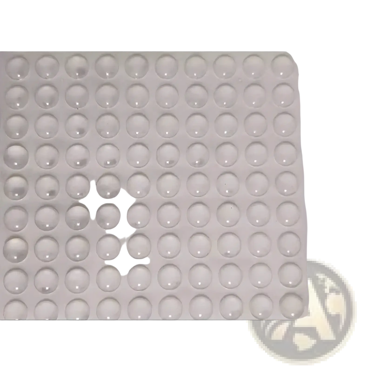 Clear round silicone bumpers transparent furniture protection pads arranged in a grid on white backing sheet