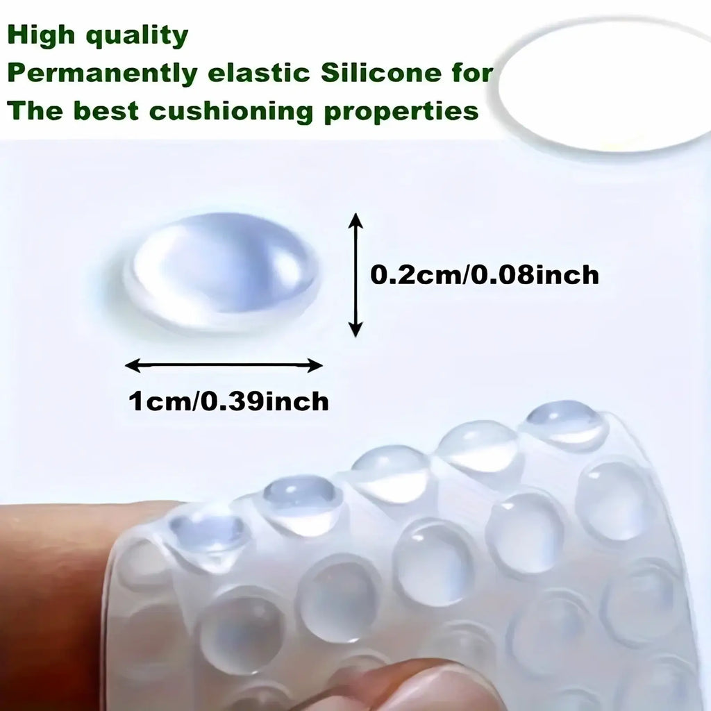 Transparent permanently elastic silicone cushioning dots with glossy finish and varying sizes for furniture protection