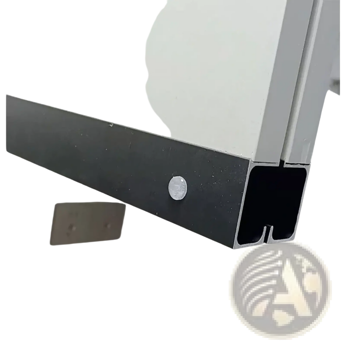 Black aluminum extrusion with silver screw head mounted on surface showing silicone bumpers transparent furniture protection pads