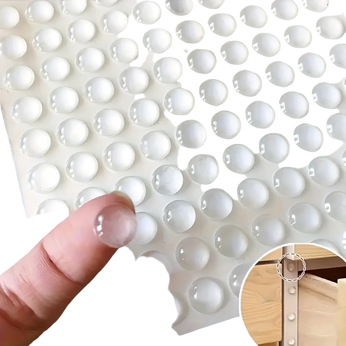 Clear round transparent silicone bumpers arranged in a grid on white backing sheet for furniture protection pads