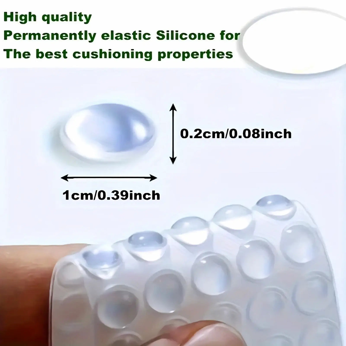 Transparent permanently elastic silicone cushioning dots with glossy finish and varying sizes for furniture protection