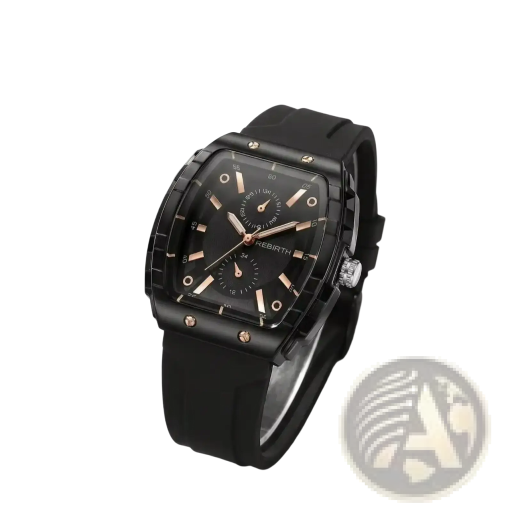 Silicone casual watch with rose gold rectangular dial, black rubber strap, and black case for everyday wear