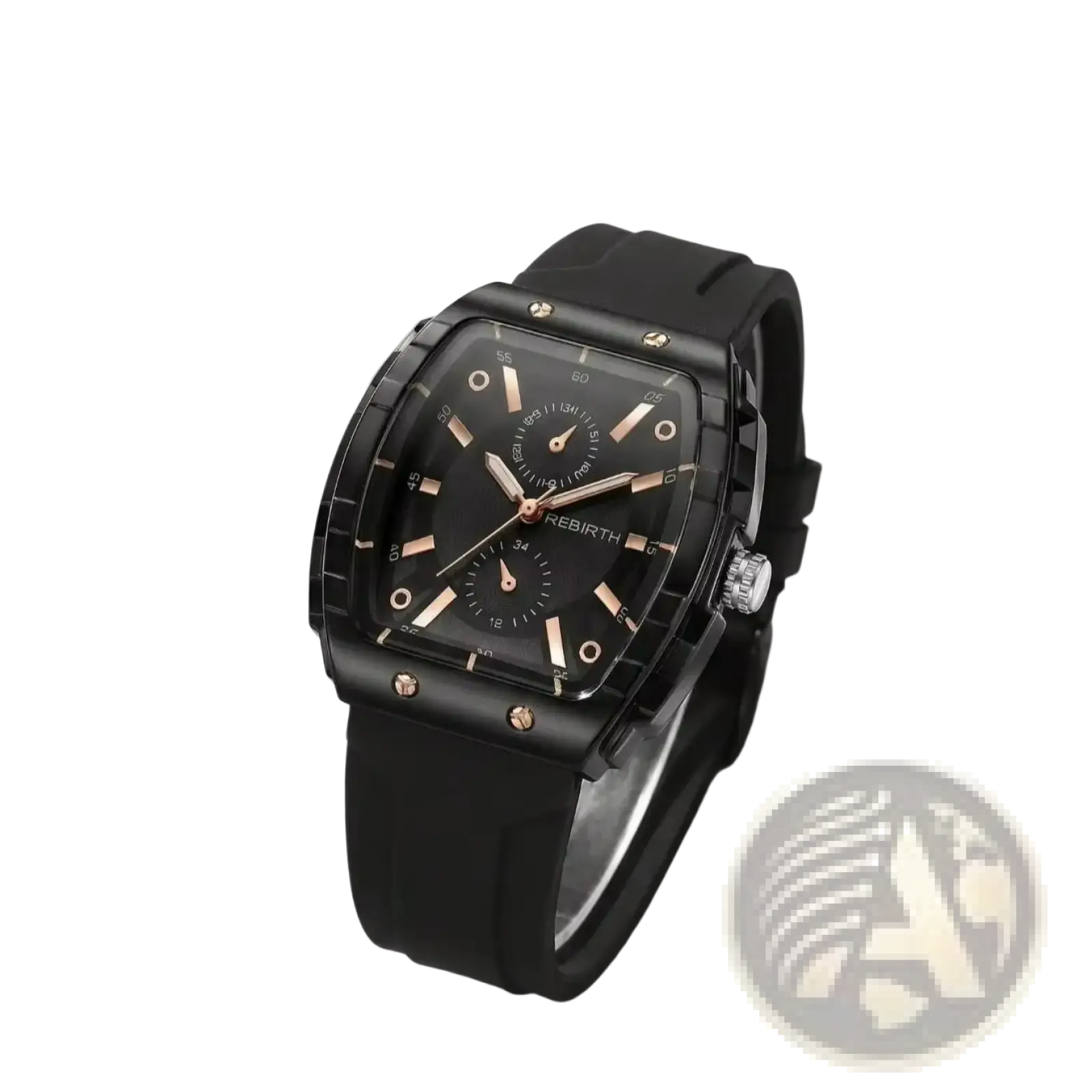 Silicone casual watch with rose gold rectangular dial, black rubber strap, and black case for everyday wear