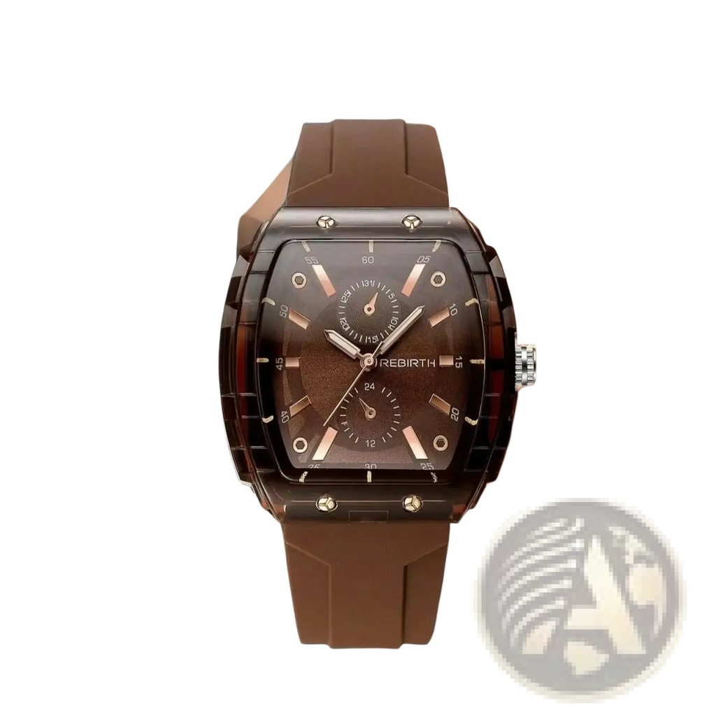 Brown rebirth silicone casual watch with a rose gold rectangular dial and matching silicone strap for everyday wear