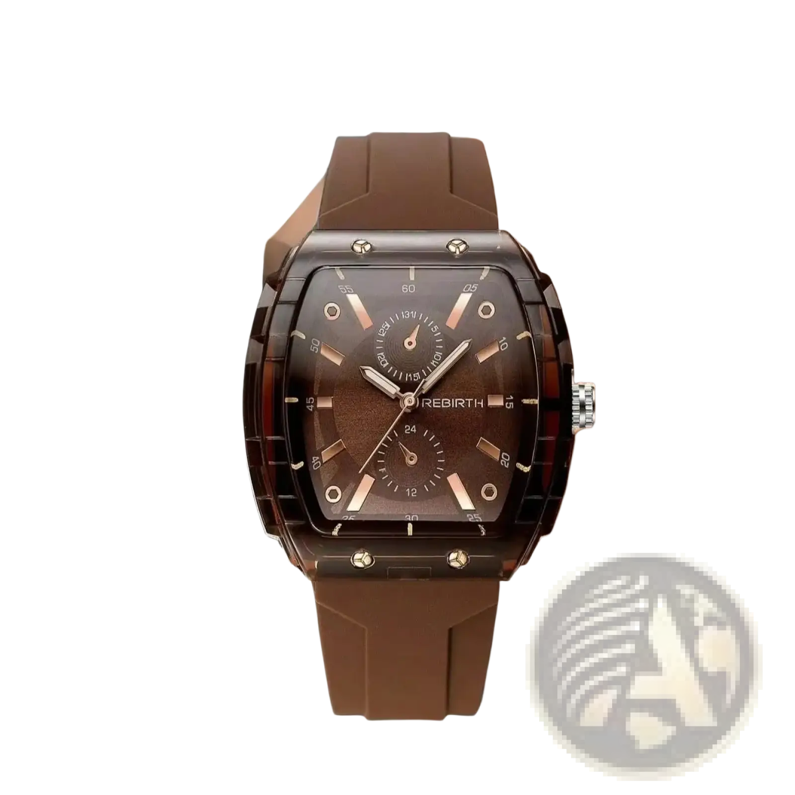 Brown rebirth silicone casual watch with a rose gold rectangular dial and matching silicone strap for everyday wear