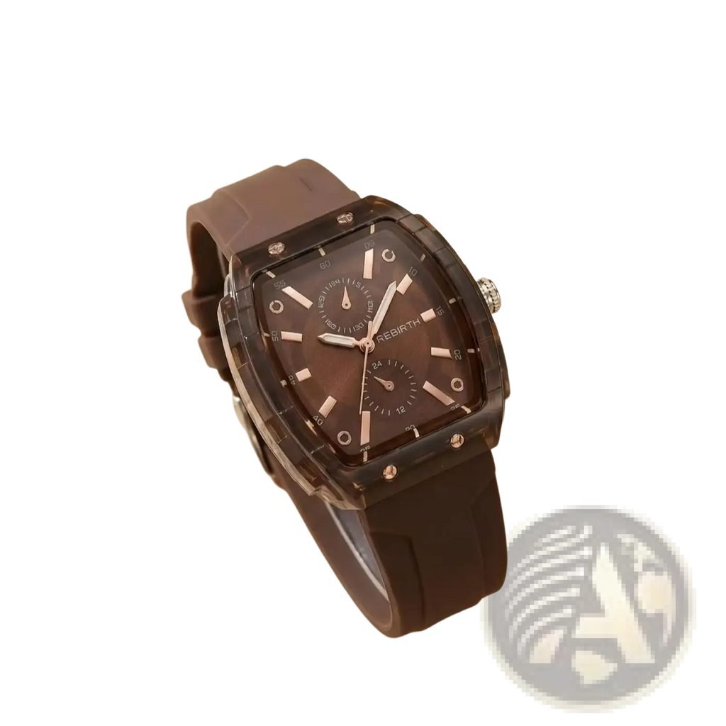 Brown rebirth silicone casual watch with square rose gold-tone dial and dark brown silicone strap