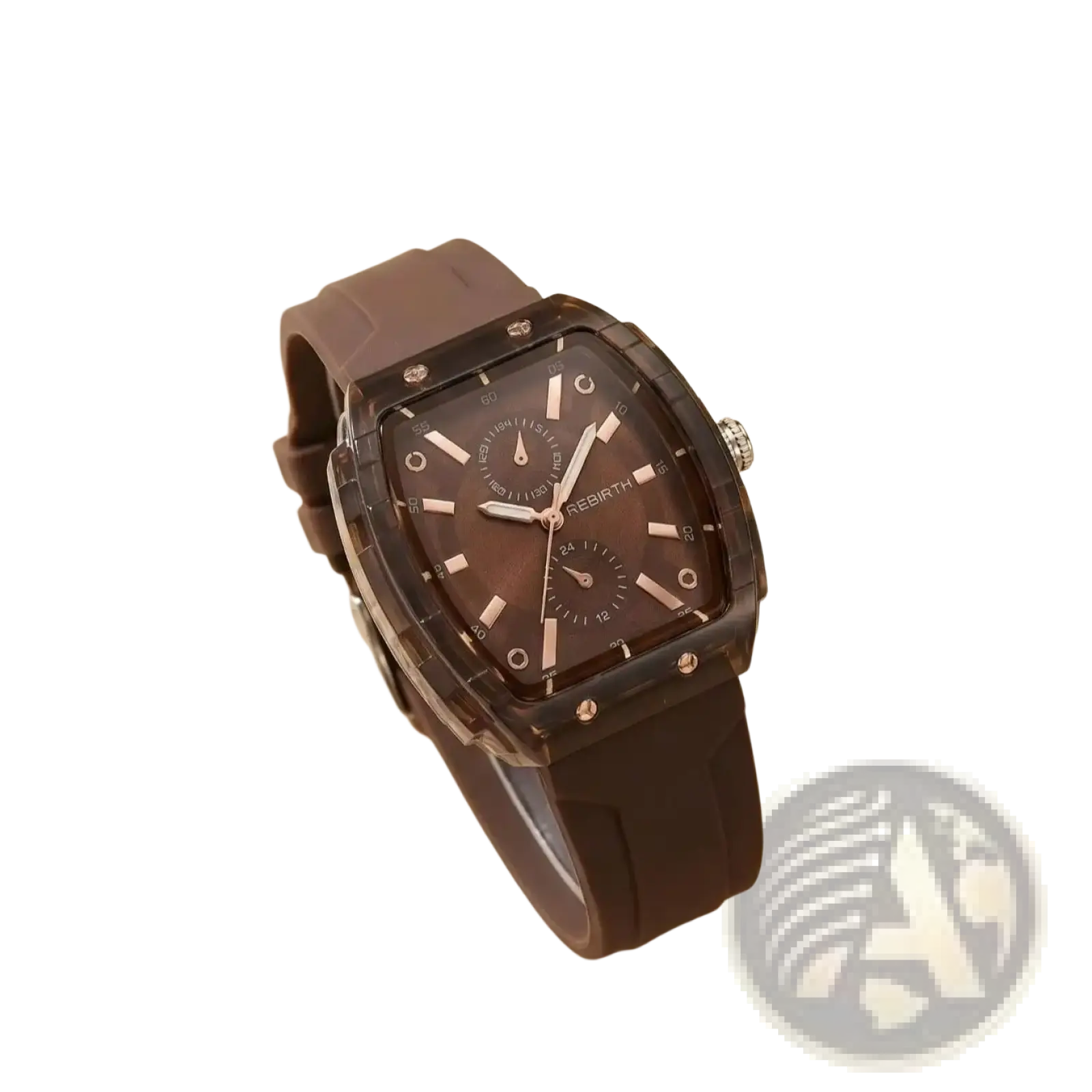 Brown rebirth silicone casual watch with square rose gold-tone dial and dark brown silicone strap