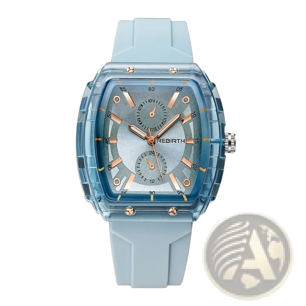 A translucent light blue silicone casual watch with rose gold rectangular dial and matching strap