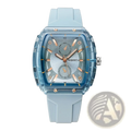 A translucent light blue silicone casual watch with rose gold rectangular dial and matching strap