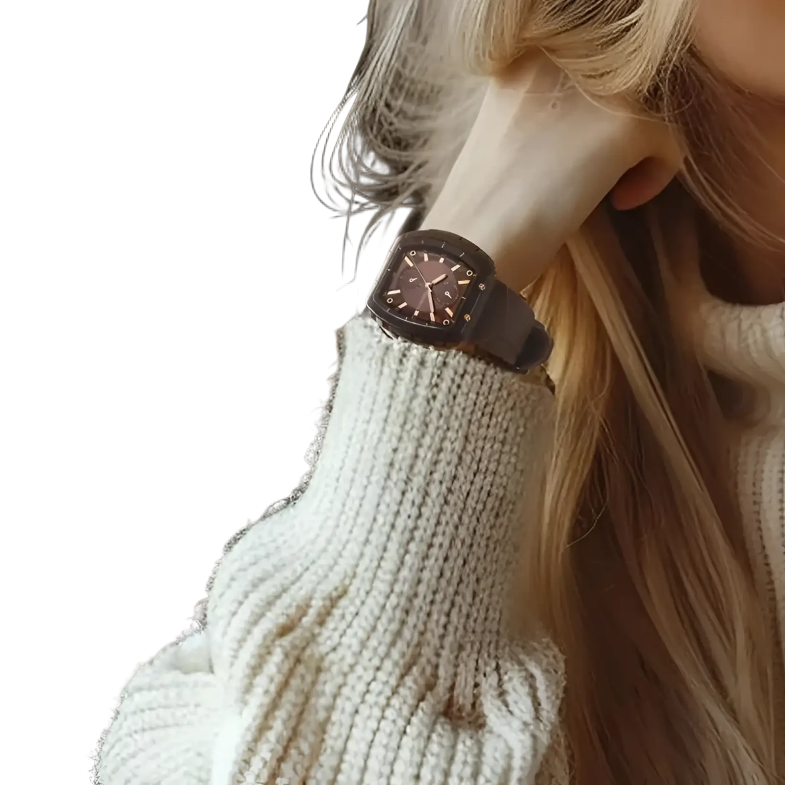 A sleek silicone casual watch with a rose gold rectangular dial worn on a woman’s wrist with a dark brown face and silver hands
