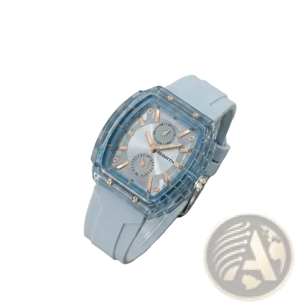 Silicone casual watch with a translucent light blue rectangular dial and rose gold hands and markers with matching strap
