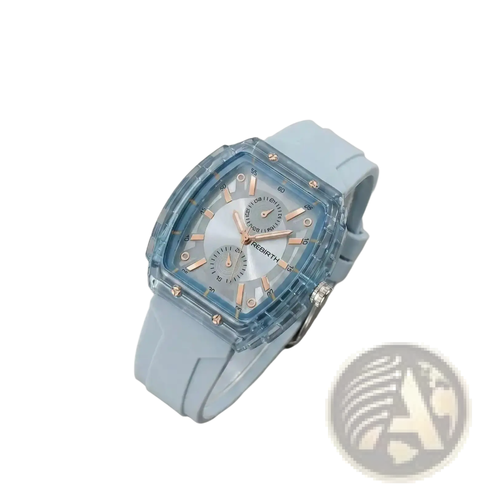 Silicone casual watch with a translucent light blue rectangular dial and rose gold hands and markers with matching strap