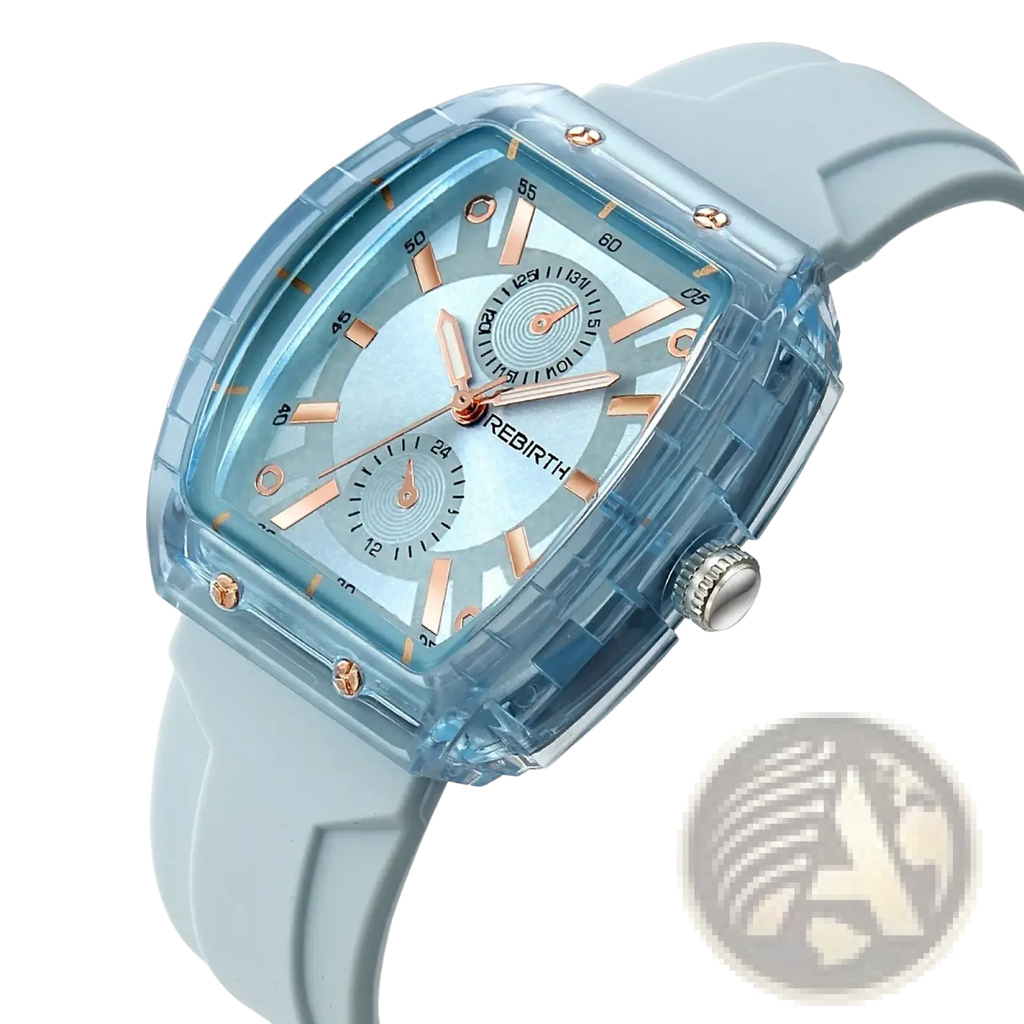 Silicone casual watch with a translucent light blue rectangular dial and rose gold hands and markers, featuring a matching strap
