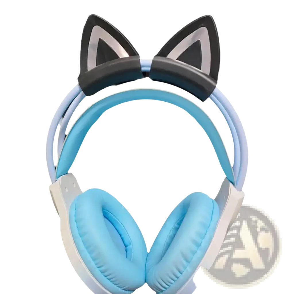 Light blue and white over-ear headphones with black silicone cat ear headset attachments on the headband