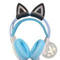 Light blue and white over-ear headphones with black silicone cat ear headset attachments on the headband