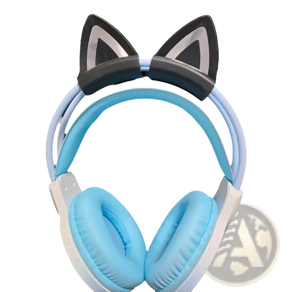 Light blue and white over-ear headphones with black silicone cat ear attachments on the headband